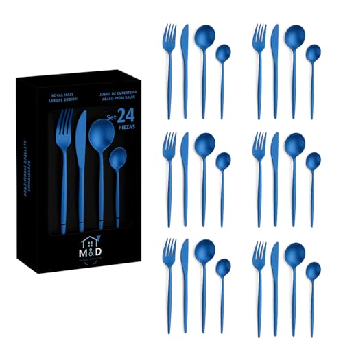 Image of Sterling Set | Satin Finish French Style Stainless Steel Flatware Set with Giftable Box | Dishwasher Safe Tableware for Home, Restaurant & Corporate Gifting (Sapphire Blue, 24 Pieces)