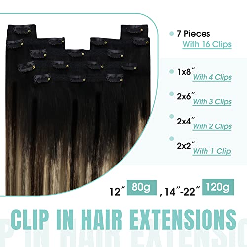 YoungSee Clip in Human Hair Extensions Black Ombre Clip in Hair Extensions Real Hair Black Ombre Dark Brown with Blonde Human Hair Clip in Extensions Balayage Clip Extensions for Women 18in 120g 7pcs - Image 2