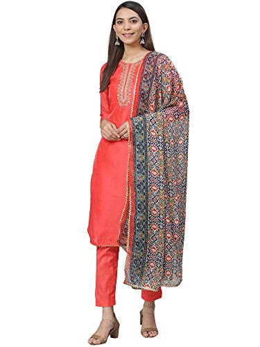 Image of AKHILAM Women's Chanderi Cotton Embroidered Unstitched Salwar Suit Material (Red 32DMK80 M Parent)