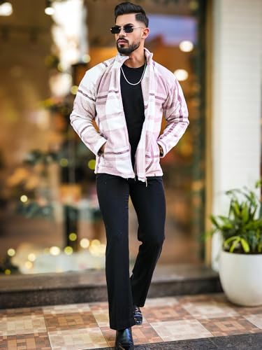 Image of Maniac Mens Checkered Full Zipper Fullsleeve Polyester Blend Fleece Shacket for Men