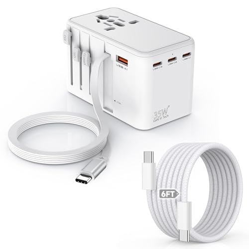 Universal Travel Adapter,35W 4 USB Port(3C/1A) International Power Adapter,European Travel Plug Adapter Retractable Type-C Cable+USB C 6FT Cable,Worldwide Plug Charger for EU UK USA AUS(Type C/G/A/I)