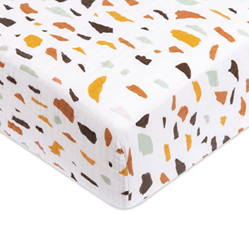 Image of Babyletto 100% Organic Cotton Crib Sheet, GOTS-Certified, Fitted 360°, Ultra-Soft and Breathable Muslin - Terrazzo