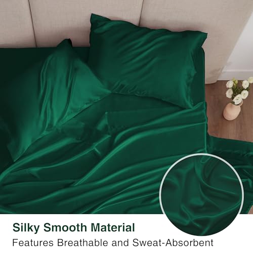 Love's cabin Twin XL Satin Sheet Sets - 3 Piece Dark Green Silky Bed Sheets with Deep Pockets, Luxury Silk Feel Satin Sheet Set Twin XL (1 Flat Sheet,1 Fitted Sheet,1 Pillow case)