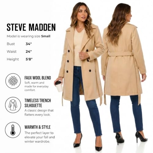 Image of Steve Madden Trench Coat for Women - Double-Breasted Long Winter Faux Wool Coat