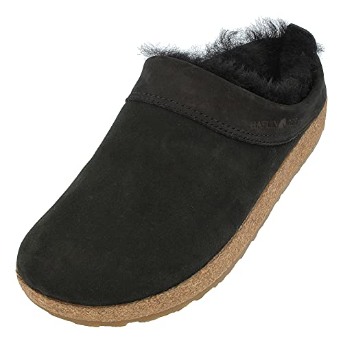 HAFLINGER Lammfellclog Snowbird Filzpantoffel Hausschuh Schwarz, Gr 39