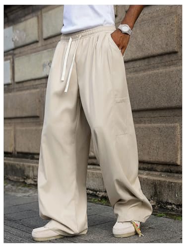 OYOANGLE Men's Drawstring Waist Wide Leg Pants Solid Work Office Casual Trousers with Pockets4