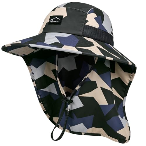 Image of Rosoz Outdoor Sun Hat for Men Women, UPF50+ Protection Safari Cap Wide Brim Mesh Fishing Hat with Neck Flap Beach Garden