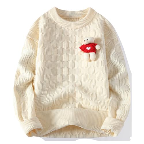 Mens Cable Knit Sweater with Bear Toy Crew Neck Long Sleeve Pullover Sweater Fall Casual Sweaters 2025