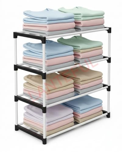 Image of 4 Tier Plastic Shelf Organizer for Wardrobe, Adjustable Almirah Divider for Clothes Storage, Multipurpose Cupboard Rack,Multi use Bookshelf,Collapsible Wardrobe,Kids Rack Cabinet Children stand