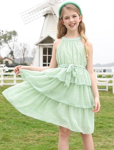 Move Dance Girls Summer Dress Tween Halter Neck Green Flared Midi A-Line Sundress Swiss Dot Sleeveless Casual Layered Chiffon Dresses with Belt 12-13 Years Old - image 2