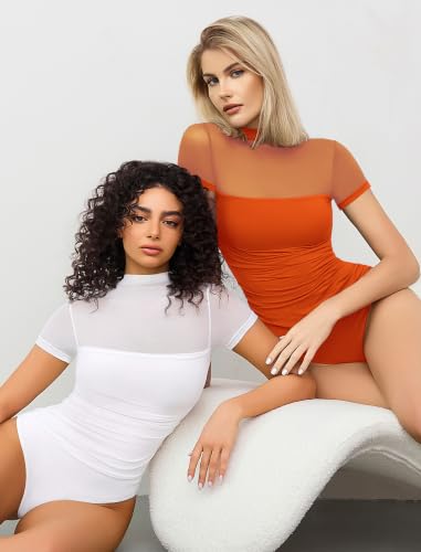 Image of Avidlove Women's Short Sleeve Bodysuit Turtle Neck Body Suits Mesh One Piece Leotard Going Out Tops Date Outfits