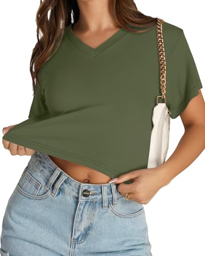 Image of Womens Crop Tops Short Sleeve V Neck Summer Cropped T Shirts Baisc Tees