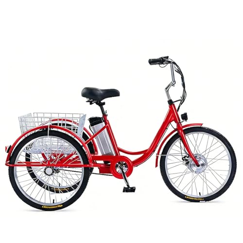 NOOGRRFA 24-Zoll-Elektrodreirad Mit Tretunterstützung, Gepäckkorb, LED-Licht Für Erwachsene, 3 Fahrmodi, Höhenverstellbar, Einkaufsroller, DreiräDer FüR Erwachsene - Rot