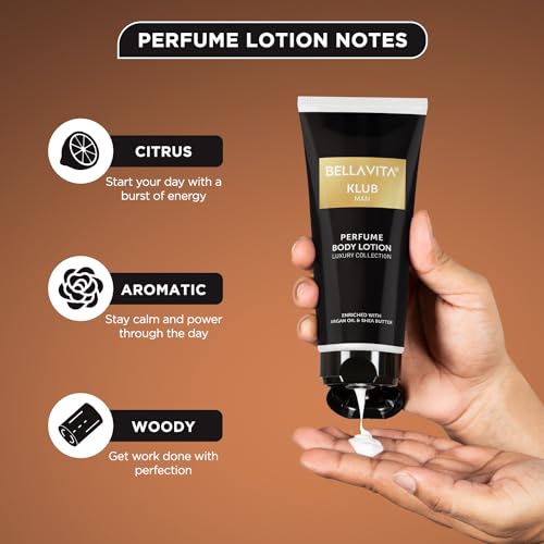 Image of Bella Vita Luxury KLUB Man Body Perfume Lotion for Nourishing, Hydrating, Soft, Supple, Healthy Skin with Argan Oil and Shea Butter 200 ml