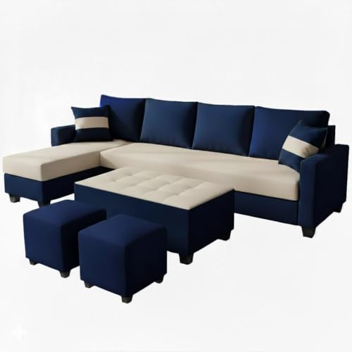 Image of CASASTYLE Adonway 8 Seater Fabric LHS L Shape Sofa Set (Cream-Dark Blue) Premium Velvet Finish | Ideal for Living Rooms