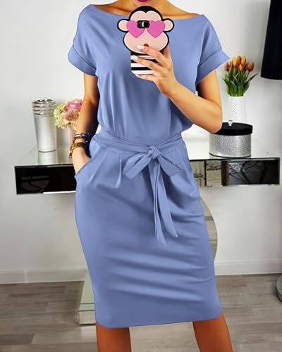 Image of PRETTYGARDEN Women's Summer Short Sleeve Crewneck Striped Dress Basic Solid Tie Waist Office T Shirt Dresses Pockets