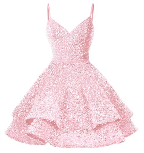 THBOEER Spaghetti Strap Short Prom Dress for Women Pink Sparkly Sequin Tiered Homecoming Dresses for Teens V Neck Mini Evening Party Gowns US6
