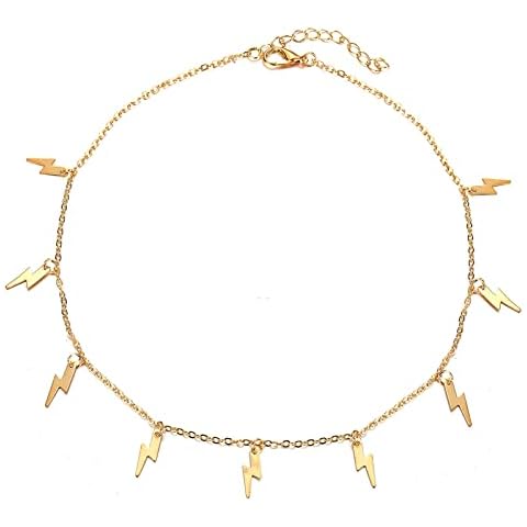 Andelaisi Punk Thunder Choker Necklace Gold Lightning Bolt Necklace Chain Star Station Necklace Chain Thunderbolt Lightning Clavicle Chain Jewelry for Women and Girls Cover
