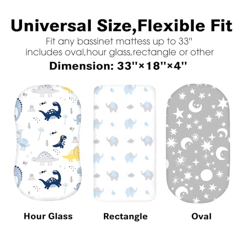 Image of Little Grape Land Bassinet Sheets for Baby Boys Girls 3 Pack, 33 inch x 18 inch Extra Soft Breathable Fitted Bassinet Sheets, Bedside Sheets Fit for Oval Rectangle and Hourglass Bassinet Mattress (Dinosaur)