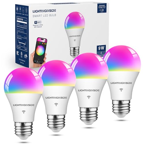 Smart Light Bulbs 60W Equivalent, WiFi Smart Bulb Compatible with Alexa/Google Assistant/Smart Life, A19 E26 RGBCW Color Changing, No Hub Required,2.4G WiFi, ETL Listed, 9W 800LM, 4PCS