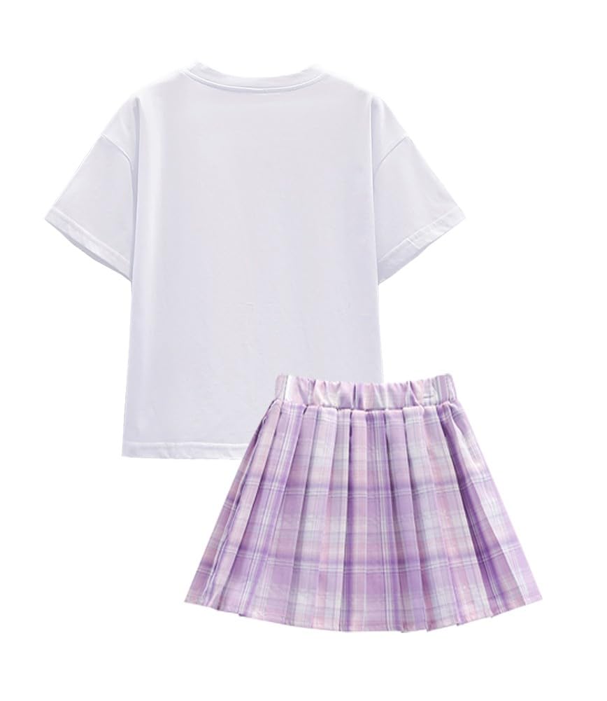 Cartoon Conjunto Falda y Top para Niñas Camiseta Manga Corta + Minifalda Plisada + Bolso de Dibujos Animados 3 Piezas Traje