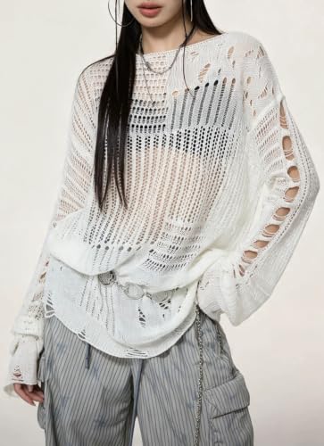 Image of Goth Y2K Striped Sweater Grunge Ripped Punk Gothic Sweaters for Women