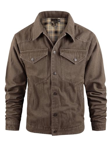 Flygo Mens Flannel Lined Denim Jacket Snap Cowboy Cut Western Classic Slim Fit Vintage Heavy Duty Jacket Trucker Coat