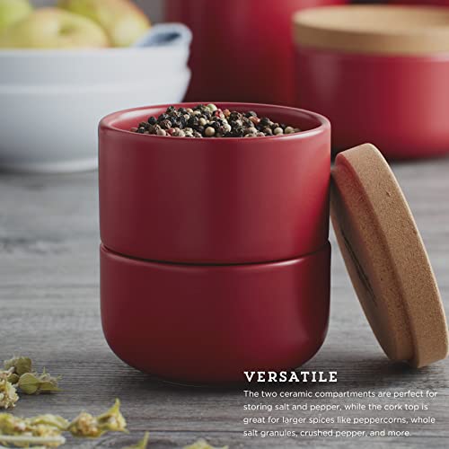 Image of Ceramic and Cork 3 Piece Stackable Salt and Pepper Cellar For Countertop Space Saving1Easy Lift Lid to Retain Freshness for Easy Open, Natural Cork and Red Ceramic