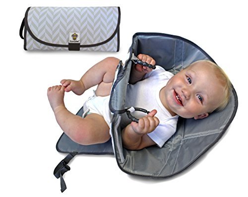 SnoofyBee Portable Clean Hands Changing Pad. 3-in-1 Diaper Clutch, Changing Station, and Diaper-Time Playmat with Redirection Barrier for Use with Infants, Babies and Toddlers (Herringbone)
