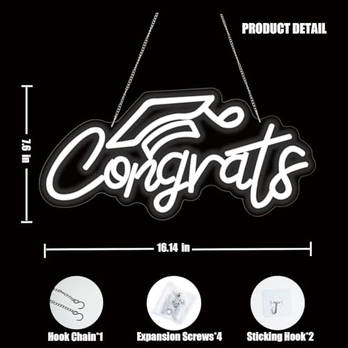 Image of Congrats Grad Neon Sign for Backdrop wall decor,Dimmable USB Powered Light Up Letters for Dorm Walls,White Grad Gifts Sign for Graduation ClassRoom Party bedroom size:16.14 * 7.6 inch