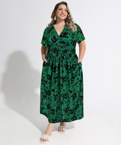 CARCOS Plus Size Dresses for Curvy Women V Neck Summer Maxi Dress Short Sleeve Floral Boho Dress Smocked Waist Beach Dress3