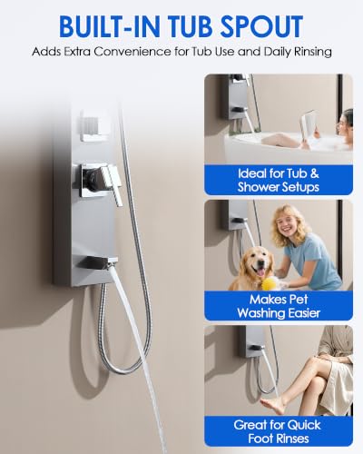Image of ROVOGO Sleek Shower Panel Tower System, 4 Functions, 46-1 /2 inch H, Brushed