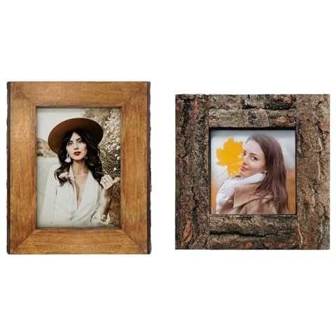 IKEREE 2pcs 5x7 and 4x4 Picture Frames with Natural Bark Edges, Rustic Brown Wood Photo Frame for Tabletop or Wall Mounting Display Cover