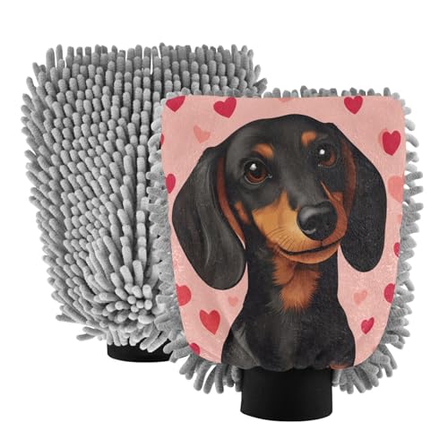 STAYTOP Cute Dachshund Dog Car Wash Mitt Microfiber, 2Pcs Scratch Free Lint-Free, Premium Chenille Microfiber Mitt Car Wash Brush-M