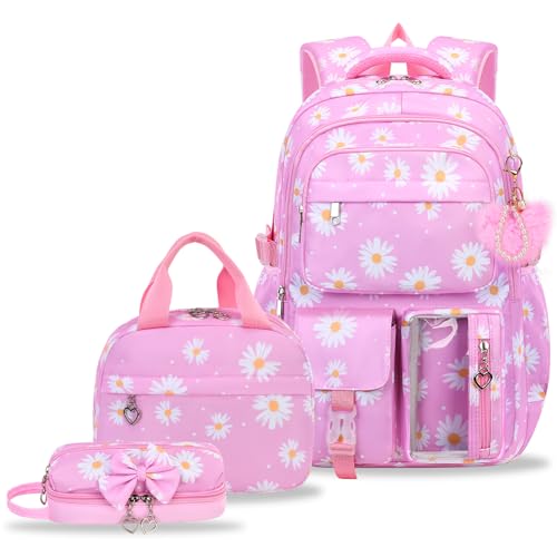 PIKBEAR Girls Backpack Set with Lunch Box & Pencil Case Floral Print Girls School Backpack for Elementary/Middle/High School (Pink-Daisy)