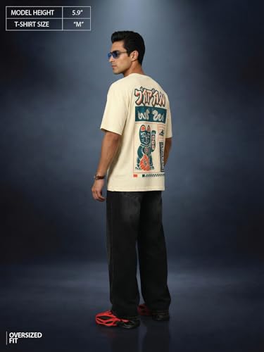 Image of Veirdo Men's Cotton Oversized Fit Oversized Baggy Fit Drop Shoulder Cool and Stylish Graphic Printed Design Half Sleeve T-Shirt (Available Sizes: S to 2XL)