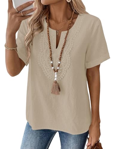 LOMON Womens Short Sleeve Tops Cotton Linen Shirts V Neck Lace Casual Loose Fit Blouses Boho Fashion(Khaki,3XL)