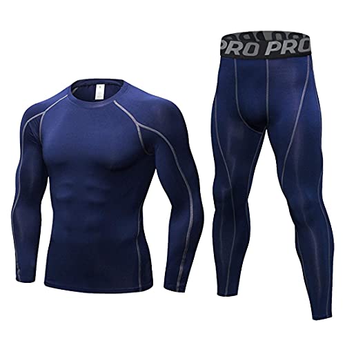 LANBAOSI Men's Gym Running Base Layer Top and Leggings Set Long Sleeve Compression Shirt Tights Thermal Underwear Suit, Navy Blue, XXL