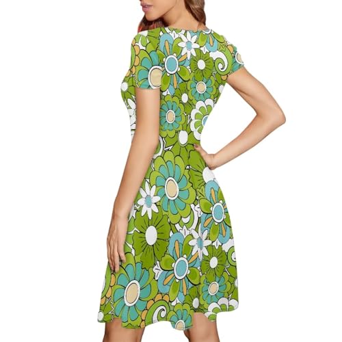 Image of POLERO Sunflower Dress for Women Floral Summer Dresses Short Sleeve Casual Sundresses Midi Dresses