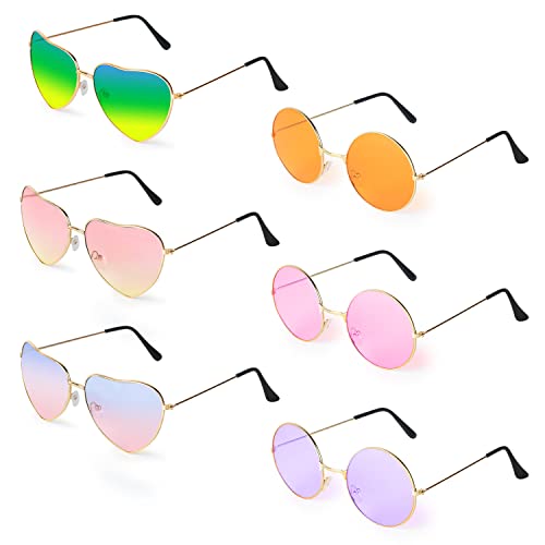 flintronic Óculos de sol hippie, 3 peças óculos em forma de coração e 3 peças óculos redondos, óculos de sol transparentes de cor caramelo para festas de aniversário, Halloween, adequados para adultos