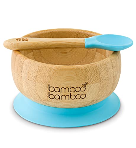 Ensemble bol pour bébé avec ventouse et cuillère assortie, stabilisation du bol par ventouse, Bambou naturel (Bleu)