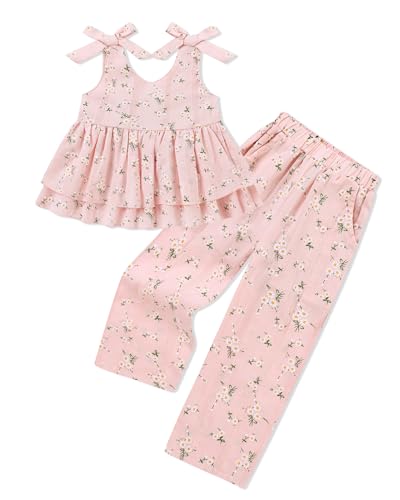SANMIO Toddler Girls Clothes Linen Floral Ruffle Clothing Summer Outfits