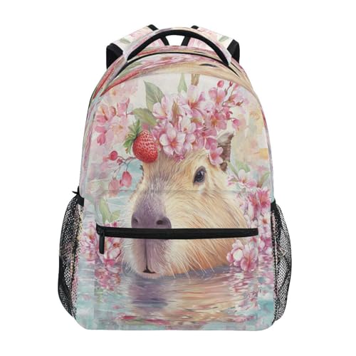Dussdil Capybara Strawberry Cherry Kids Backpack School Backpacks for Boys Girls 16 IN Book Back Pack Bag Casual Travel Daypack with Adjustable Shoulder Strap Zipper