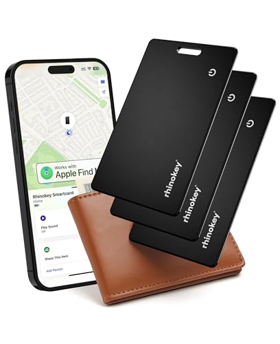 Image of Rhinokey Apple MFi Certified Wallet Tracker Card Works with Apple Find My (iOS Only) Slim 0.07in Rechargeable IP68 Waterproof Tracker Item Finder Credit Card Tracker with Keychain Hole for Luggage
