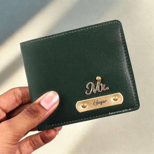 Image of Innovative Gifts Men's Personalized Wallet I Stylish Vegan Leather Slim Purse with Name & Charm I Customized Unique Gift for Birthday Anniversary Men Boy Love Husband Employees Clients (Olive)
