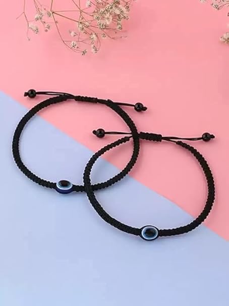 Image of Handmade Pooja EvilEye Black Chain Adjustable Nazar Anklets For Women Men Girls Boys Pack Of 2 evil eye thread, nazar anklet, thread anklet, najariya women anklet