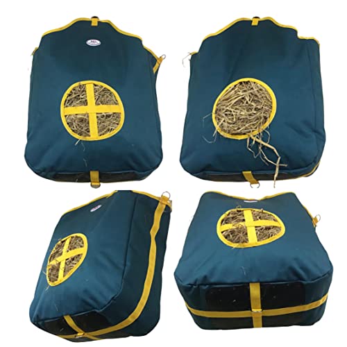 Majestic Ally Nylon Hay Feeder Tote Bag for Horse, Goat, Sheep - Double Sides Open Feed Hole with Faux Leather Ventilated Bottom- Premium Quality -Simulates Grazing - Reduces Waste (Hunter Green)