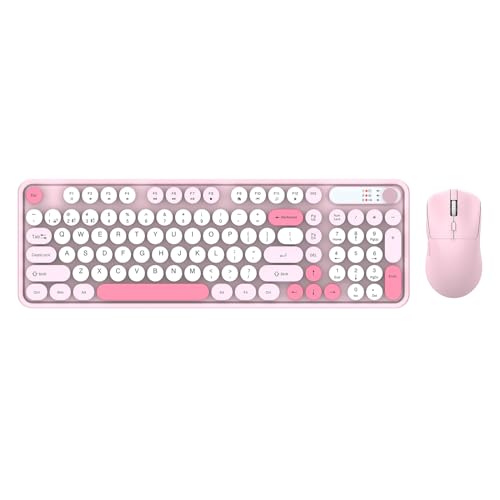 Yanmis Combo de Teclado y Ratón Inalámbricos, Modo Dual, 2,4G, Bluetooth, Recargable, Teclado de 98 Teclas con Ratón Ergonómico para Ordenador, Portátil y PC (Pink)