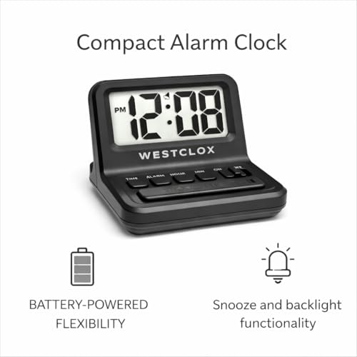 Image of Westclox LCD Digital Bedside Alarm Clock with White Backlit Display and Snooze Function, Battery Operated, (Black, 3-Inch)