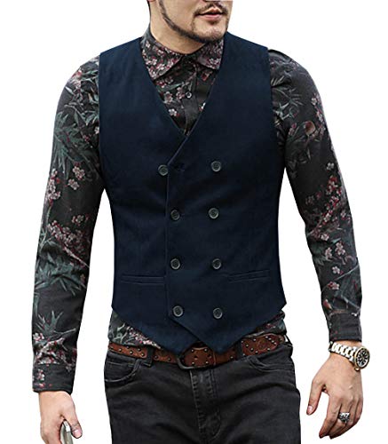 Men's Suit Vest Regular Fit Double Breasted Suede Wool Formal Waistcoat for Wedding Grooms